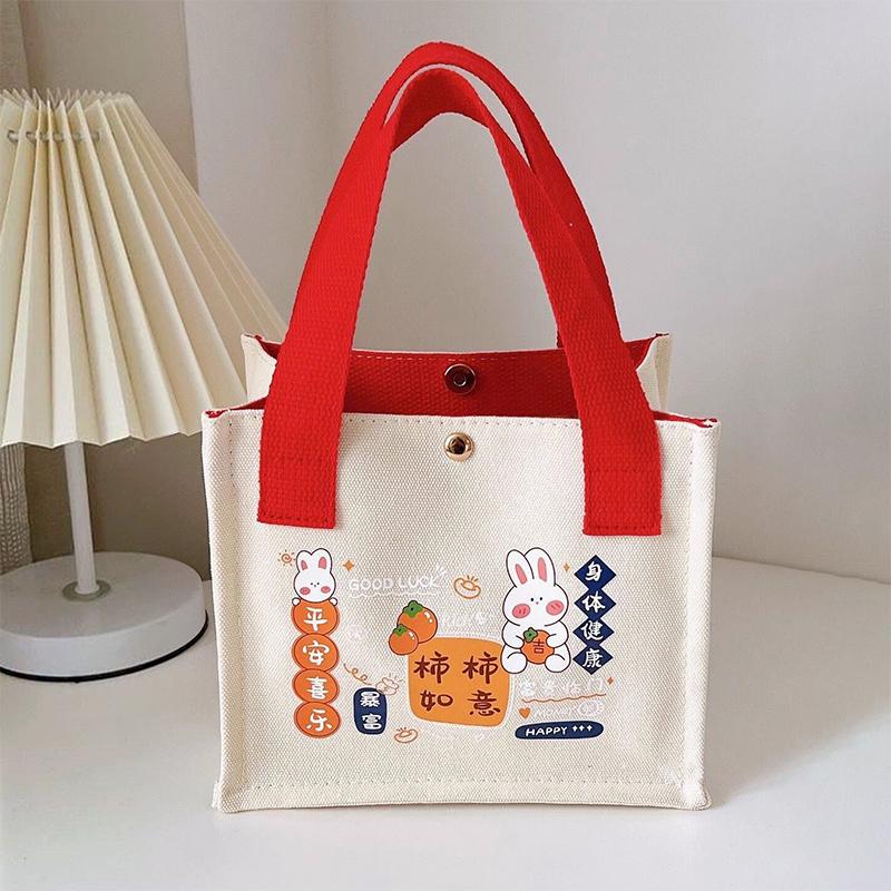 Cute Canvas Handbag Cartoon Small Bucket Bag Clutch Purse Bento Bag Office Worker Handbag Women Girls