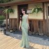 Huajian mermaid, suspender floral skirt, long skirt, slim-fitting dress, diagonal-cut fishtail skirt.