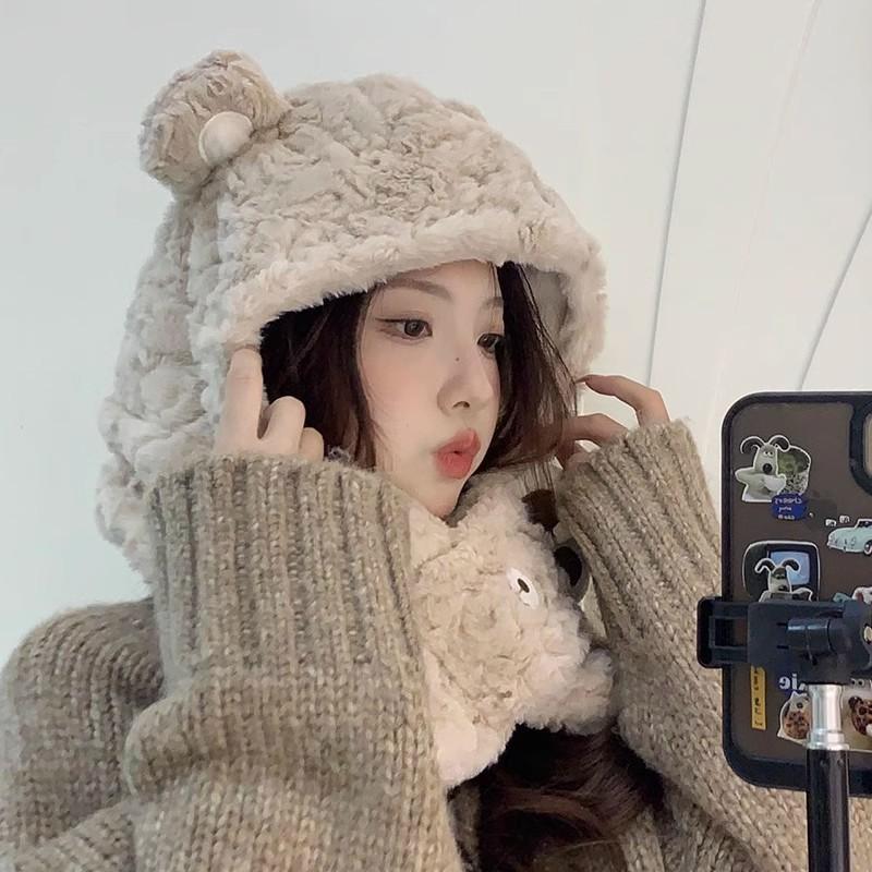 

Bear ears hat scarf integrated female winter cartoon cute plush warm scarf gloves three-piece set