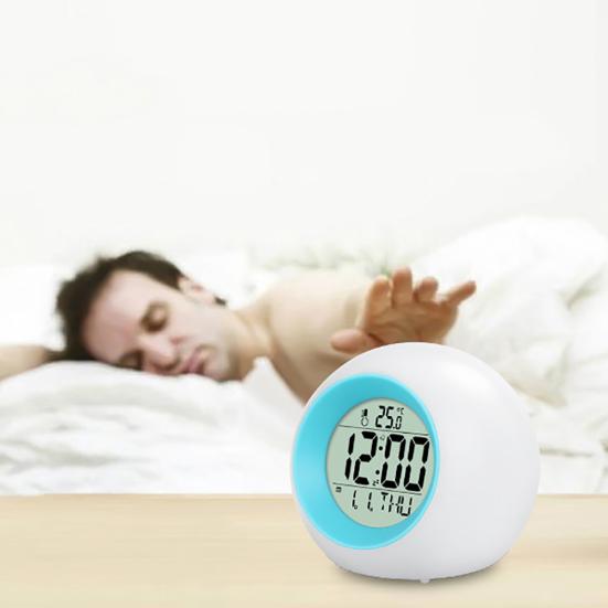 Round Colorful Backlight LED Time Date Temperature Display Snooze Alarm Clock