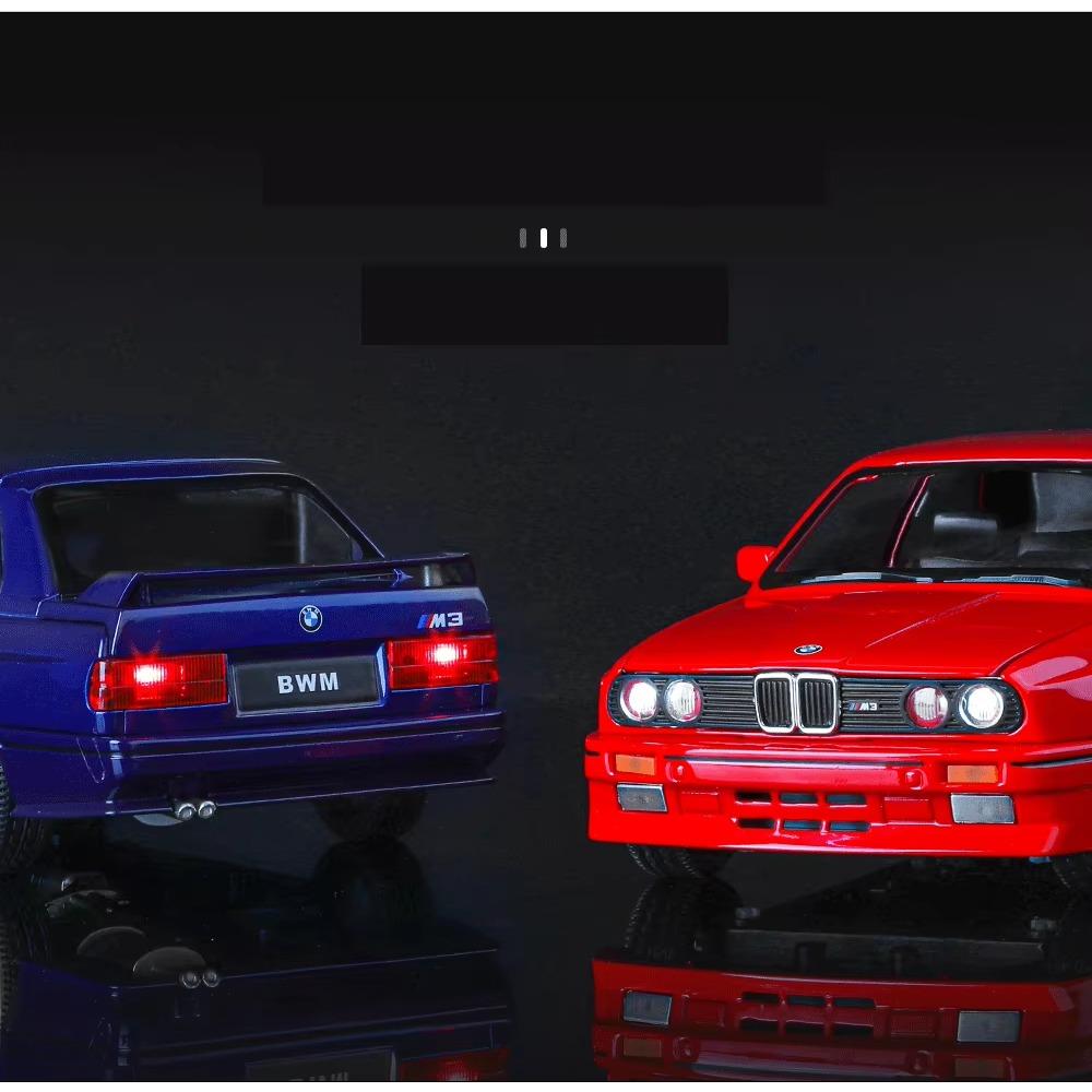1/24 BMW M3 E30 Toy Car Model Diecast Metal Vehicle Miniature Pull Back Sound Light Doors Openable Collection Gift for Kid Boys