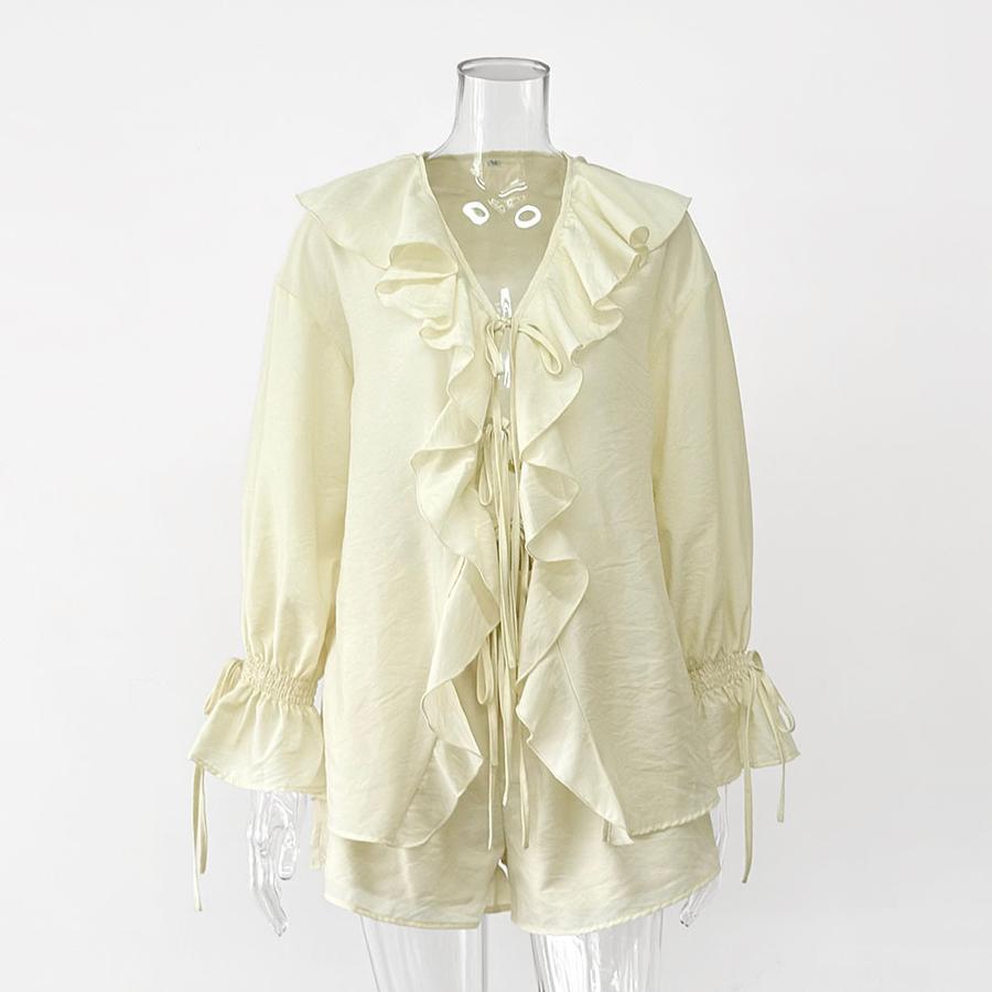 Весна Осень Французский Сладкий Свободный Оборки Кружевной Воротник Комплект из Двух Предметов Женский Наряд XS