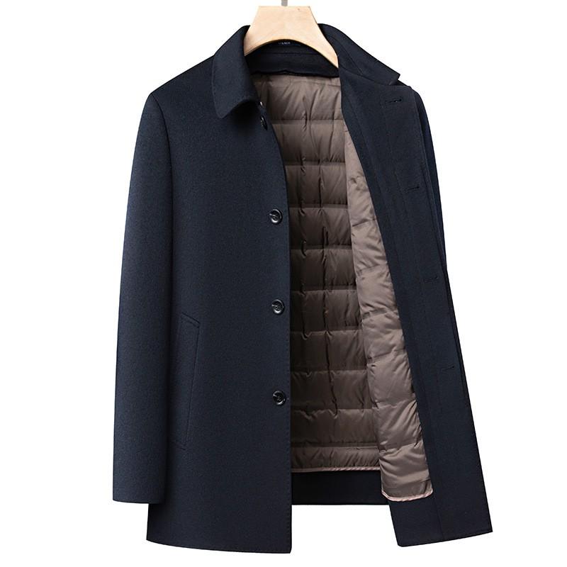 Mens Wool Blend Overcoat With Removable Down Inner Liner Slim Fit Turn-Down Collar Jacket Winter Business Casual Wear