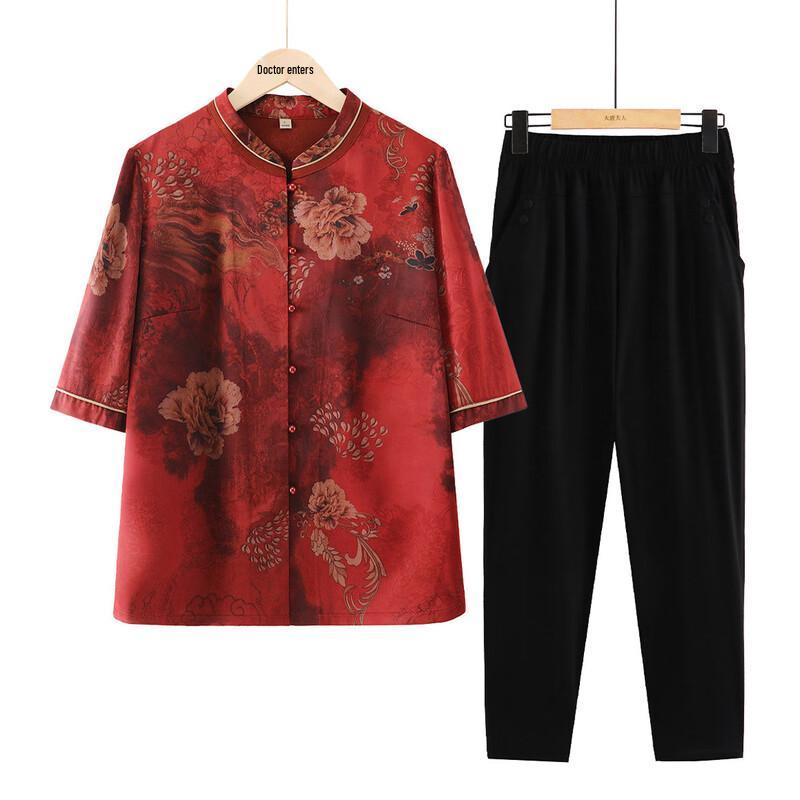 

Elegant Stand Collar Blouse Set for Elderly Women XL