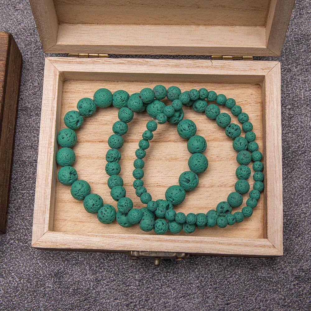 Natural Green Lava Stone Beads Bracelet Set Volcanic Jewelry Unisex Yoga Gift