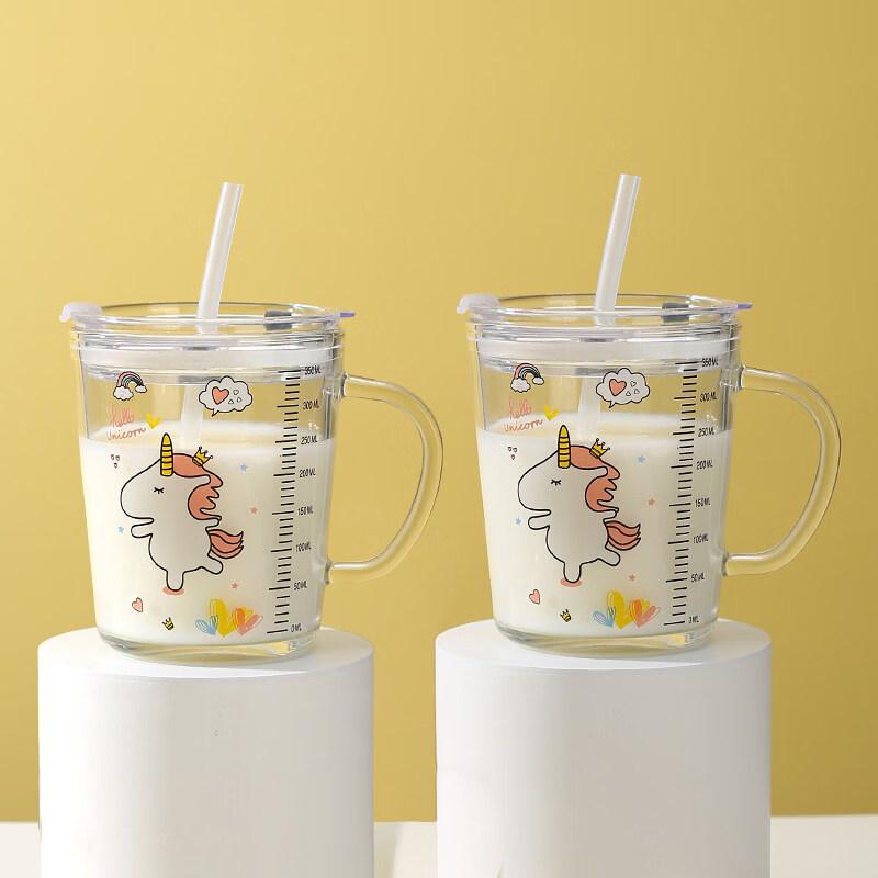 ZISIZ Kids Glass Milk Cup with Handle, Lid & Straw