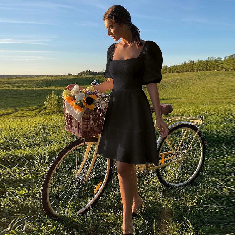 Abiti casual con gonna slim a vita alta a maniche corte con collo quadrato alla moda da donna