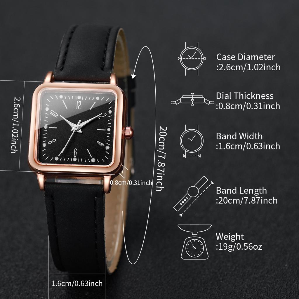 6PCs/Set Women's Fashion Watch Square Simple Dial Leather Quartz Watch with Love Bracelet Set