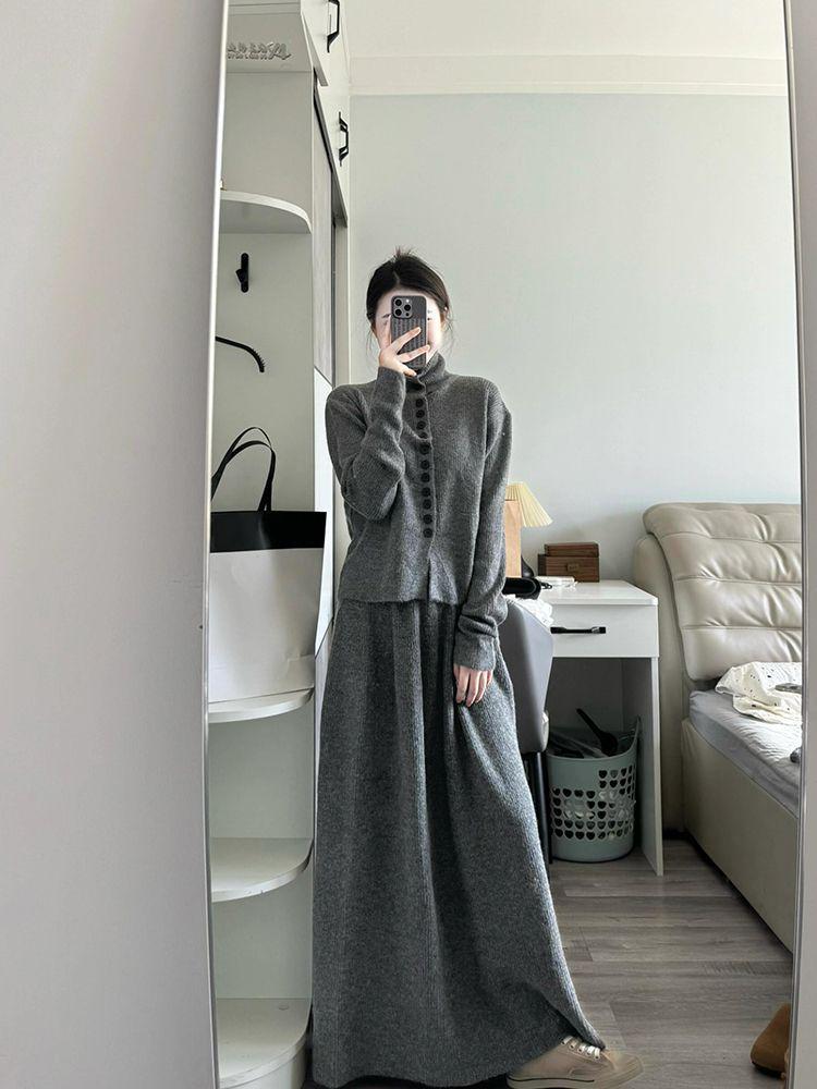 Solid Color High Neck Sweater & Midi Skirt Two-Piece Set - Women's Autumn/Winter Loose Knit Korean Style Cardigan.