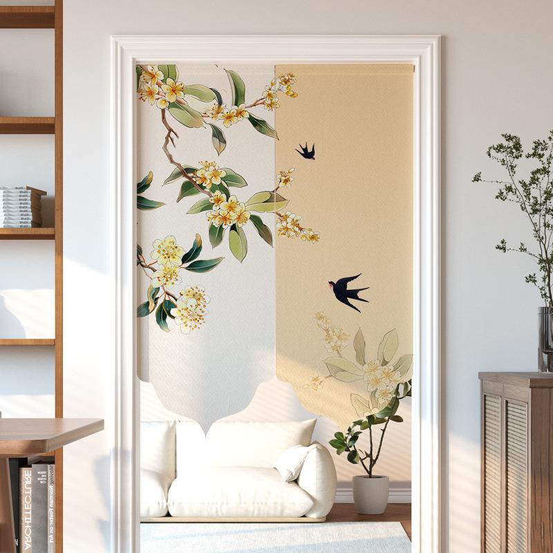 Chinese Style Imitation Linen Door Curtain Retro Art Painting Doorway Living Room Partition Drape Kitchen Hanging Half-Curtain
