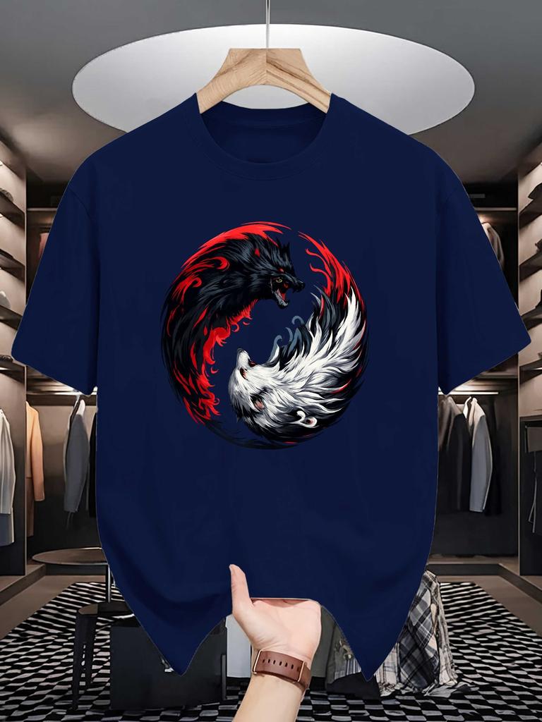 Unisex Crew Neck Tee Yin Yang Wolf Art Animal Graphic Print Soft Cotton Loose Short Sleeve Summer Casual Male Streetwear Tops