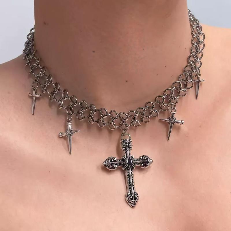 

Cross Splicing Necklaces Hip-Hop Gothic Punk Style Wide Chain Collar Choker For Women Tassel Pendant Necklace A1