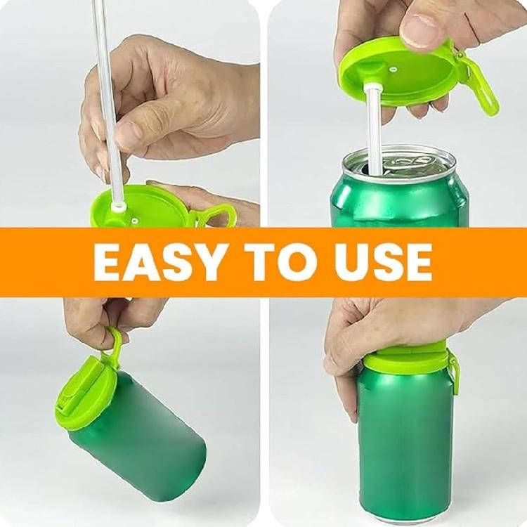 4pcs Portable Can Covers for Sodas and Beer Cans Silicone Can Lid with Drinking Straw Leak Proof Beverage Cans Caps