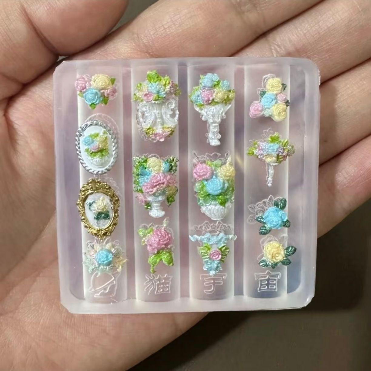

3D Vintage Relief Bouquet Nail Mold Diy Nail Art Decoration Transparent Nail Templates Manicure Design Tool Nail Carving Mold ONESIZE