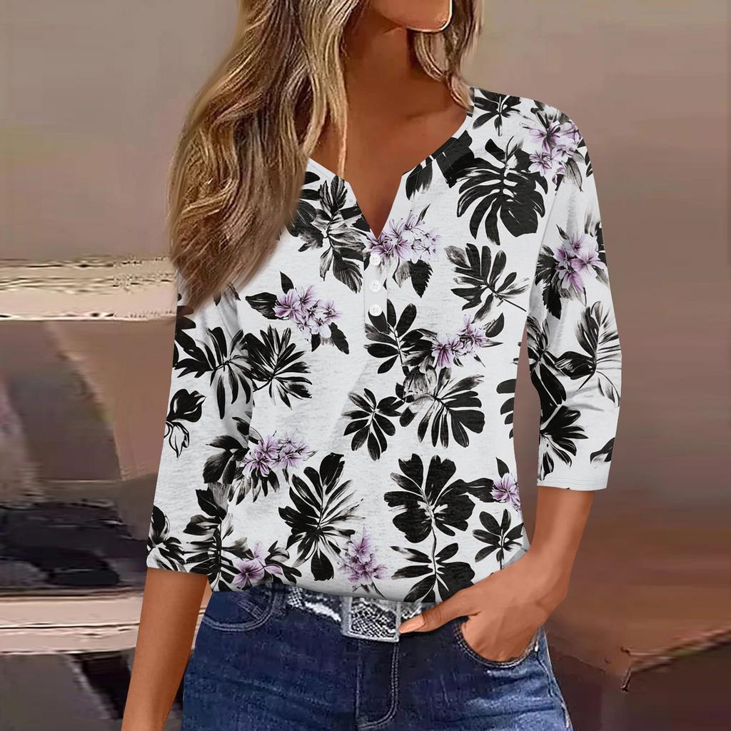 Damska koszulka z nadrukiem na guziki, rękaw 3/4, codzienna, weekendowa, modna, podstawowa, dekolt w serek, regularny top