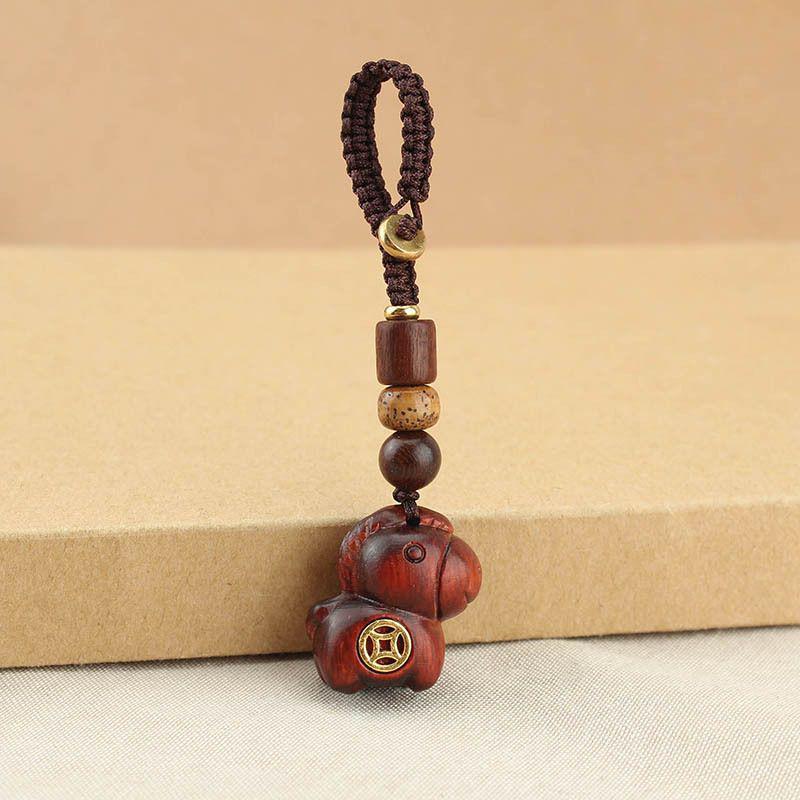 Chinese Style Sandalwood Horse Copper Coin Keychain & Phone Charm
