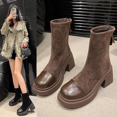 Fashion Women Platform Stretch Sock Ankle Boots Flats Leather Fashion Shoes Woman 2024 Trend Chelsea Boots Winter New Snow Mujer Botas