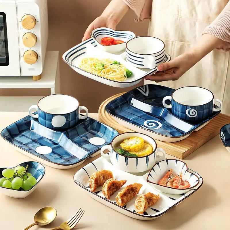 Set of 3 Divided Plate With Cup Bowl Ceramic Kitchen Food Container Tableware Safe In Microwave Oven Dishwasher Lunch Box