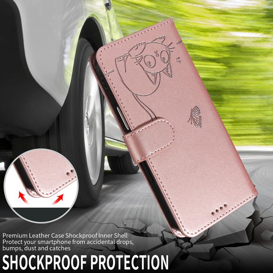 Embossed Butterfly and Cat Flip Case with 3 Card Slots and Stand for iPhone/Samsung/Xiaomi Redmi PU Leather Phone Wallet Case with Hand Strap