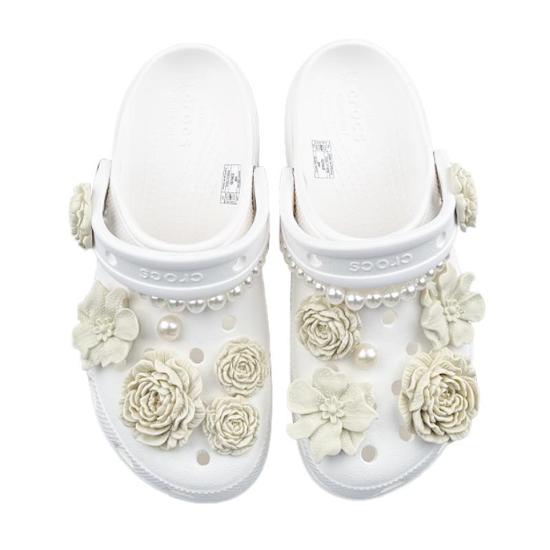 Crocs Classic Platform Clog EVA ZR Zhiran Immortal Bone Flower Pearl French Hand-Painted Versatile Hole Shoes Unisex White