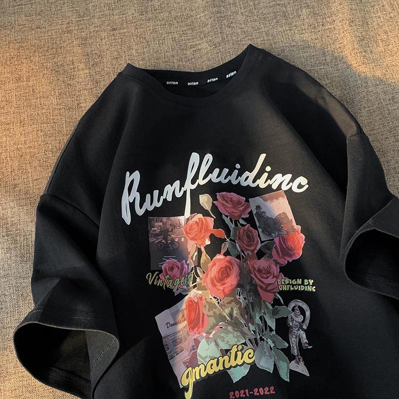 

Чоловічі жіночі Y2K футболки з принтом троянд із короткими рукавами Сорочки Топи Блузки Жіночі світшоти Хіп-хоп Літній одяг для пар Вуличний одяг 3XL чорний