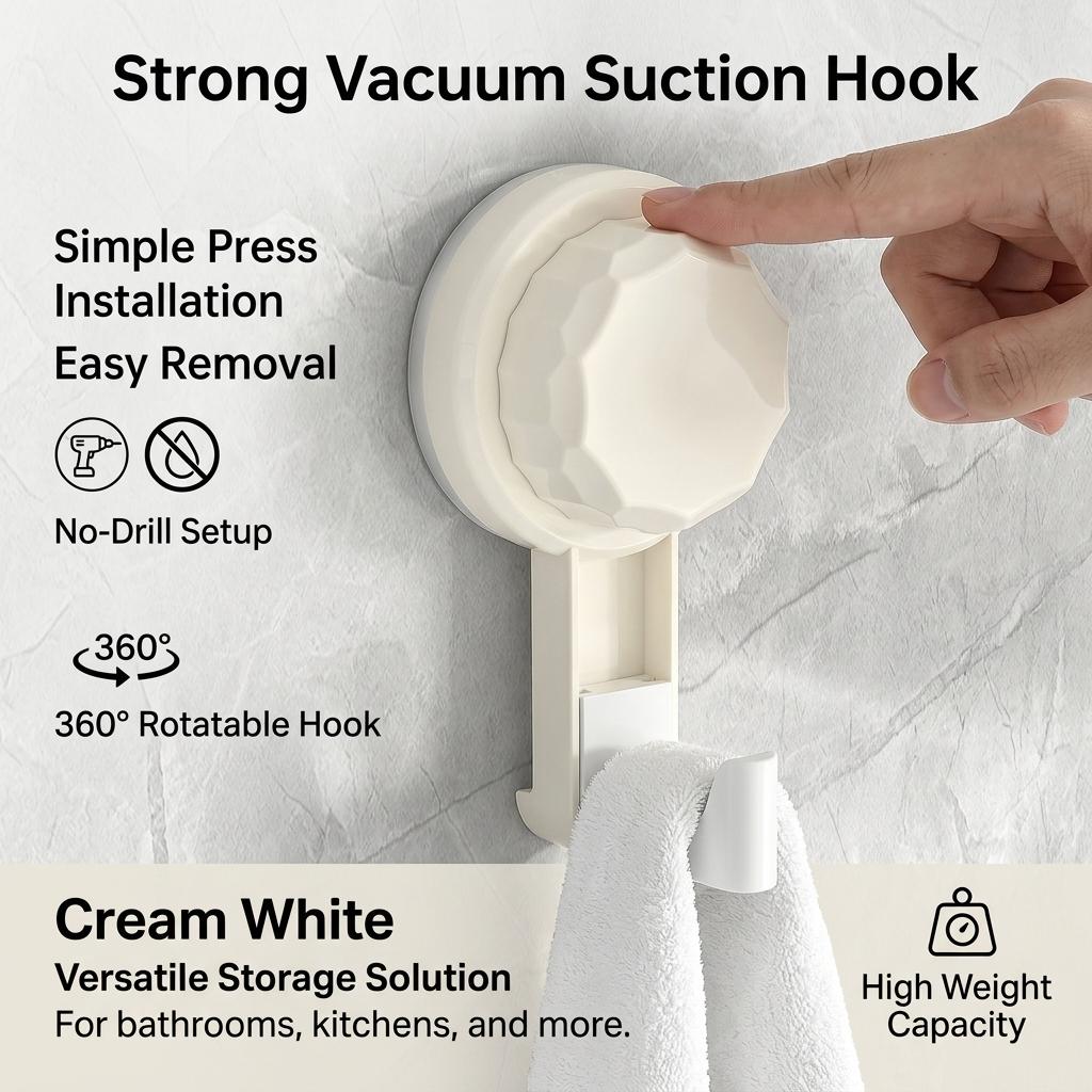 Bathroom Vacuum Suction Hook Strong Load Bearing Rotating Hanger for Towels and Bath Accessories