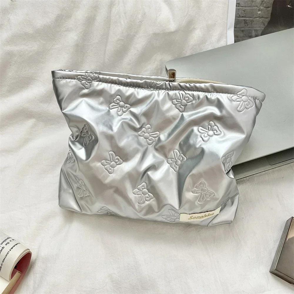 Korean Quilted PU Love Bow Cosmetic Bag Skincare Products Pouch Inner Pocket Multi-function Makeup Lipstick Storage Bag Handbag