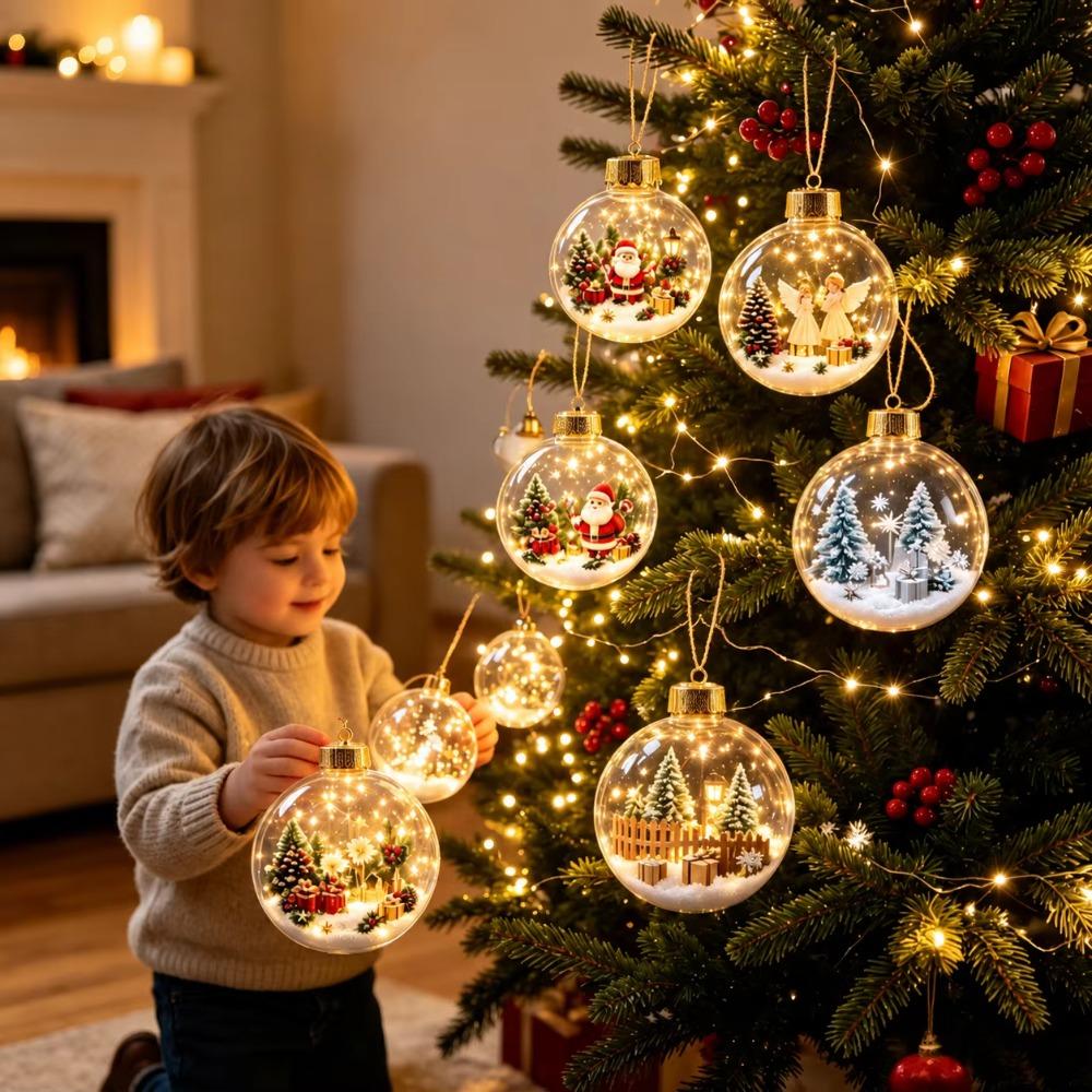 Clear Acrylic Lighted Christmas Ball Ornament Light-Up Tree Hanging Bauble Christmas Tree Decor