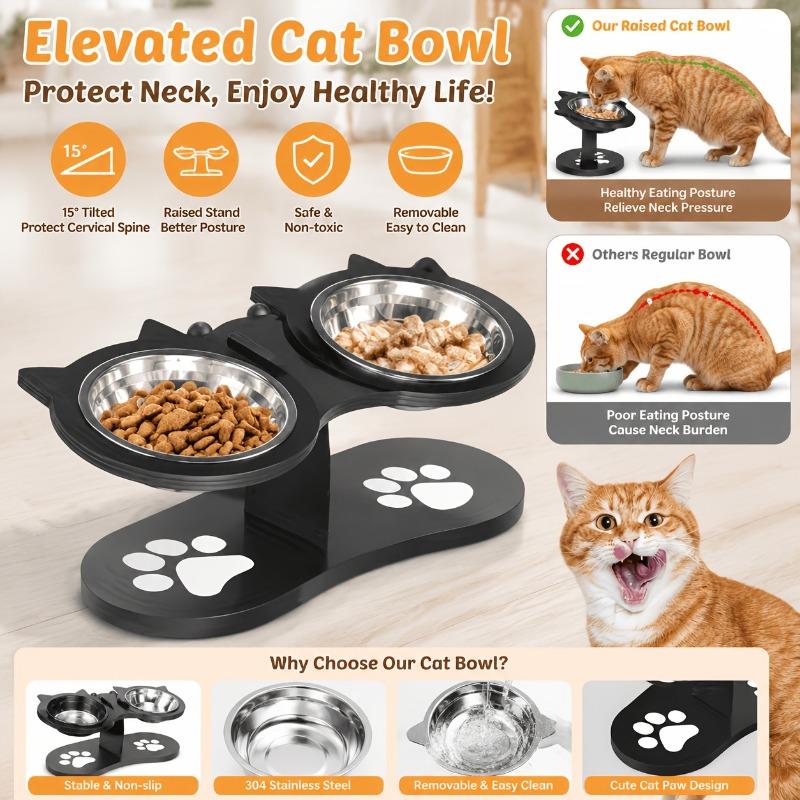 15° geneigter Futternapf für Haustiere mit auslaufsicherem Holzsockel und 3 Edelstahlnäpfen, ideal für Futter und Wasser von Katzen und kleinen Hunden.