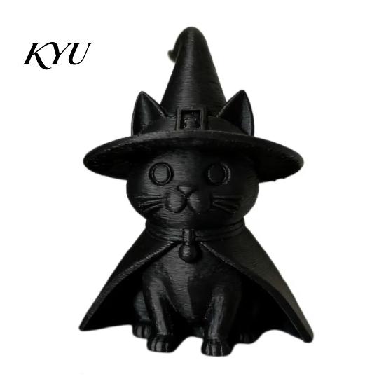 Collectible Cat Figure for Shelves Gothic Witch Hat Black Figurine, 3D Printed Wizard Cloak Kitten Spooky Style Interior Decor Statue, Cute Halloween
