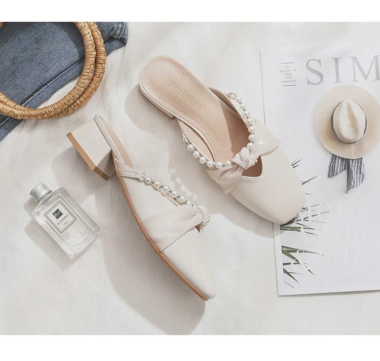 French Pearl Bowknot Women's Chunky Heel Slippers - 2025 Spring/Summer Collection