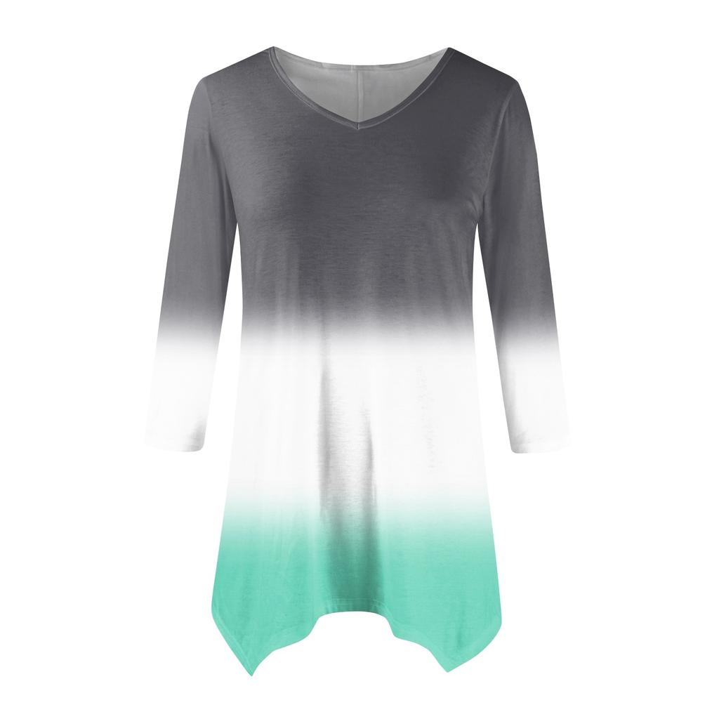 Women's Fashion Casual V-neck Gradual Print Seven-point Sleeve Shirt Belted Loose Comfortable Top