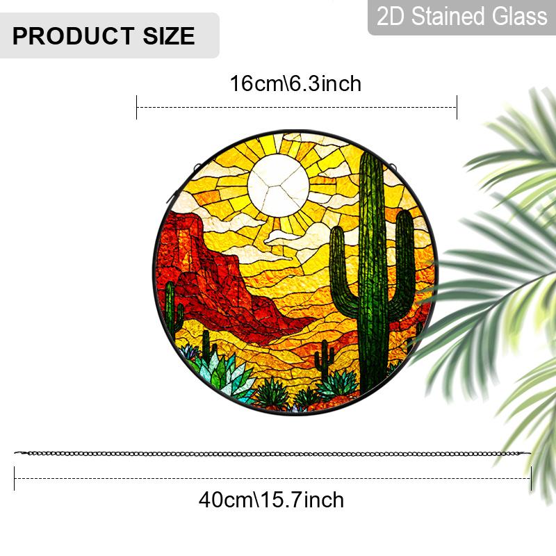 1pc 2D Flat Cactus Stained Glass Suncatcher, 6.3/7.87 Inch Desert Cactus Stained Glass Suncatcher, Southwestern Window Hanging Decor, Sunset Desert