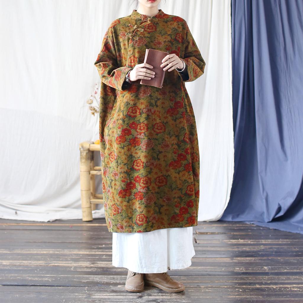 Johnature Women Vintage Dresses Stand Print Floral Long Sleeve Spring Chinese Style A-Line Dress