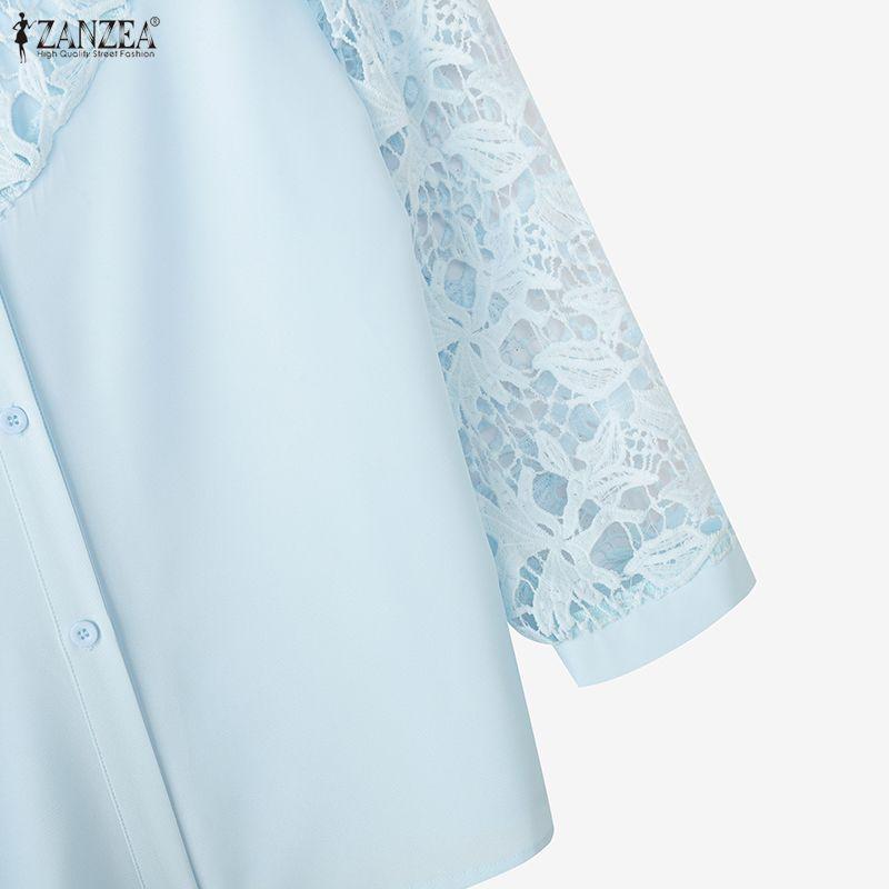 ZANZEA Women Casual Turn Down Collar Hollow Crochet Splice 3/4 Sleeve Blouse
