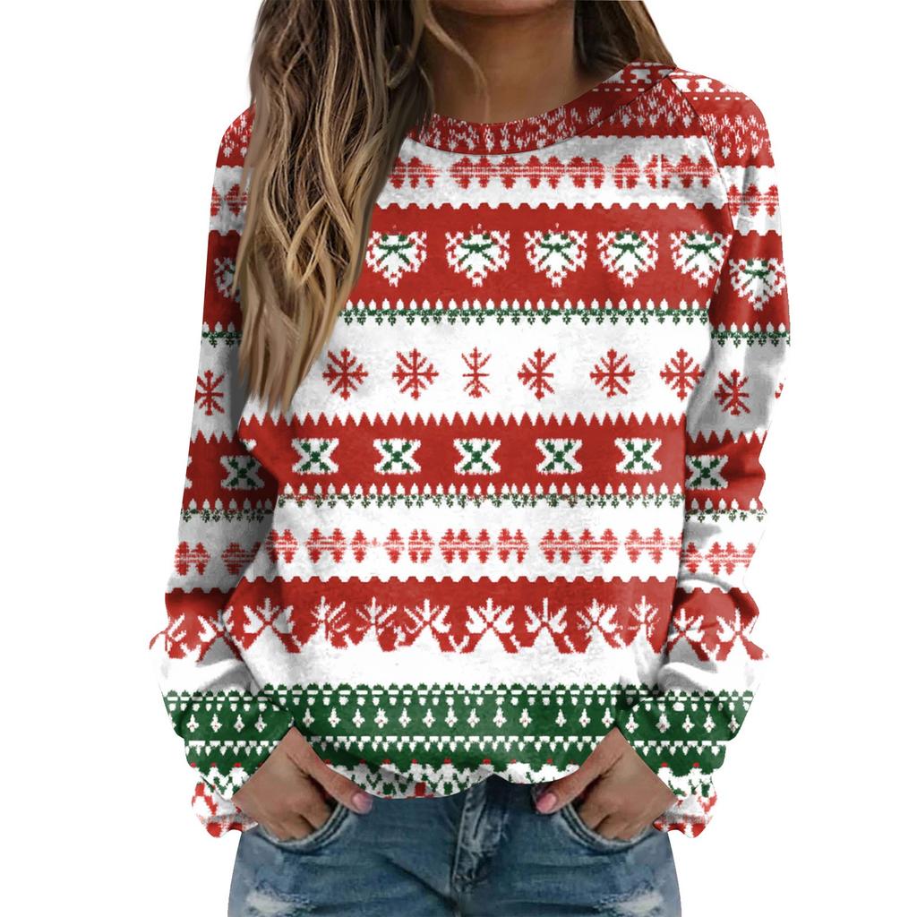 Women's Fashion Casual Long Sleeve Christmas Printed Neck Sweatshirt Top