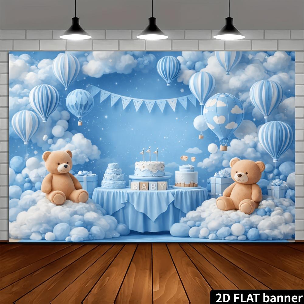 2D Plane Blue and White Hot Air Balloon Teddy Bear with BABY Letters As the Background Fabric. Starry Clouds with Blue Color.