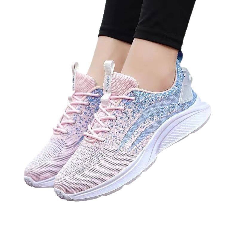 Sports and leisure shoes running fitness light and soft dancing shoes flat mesh breathable flying woven tide shoes