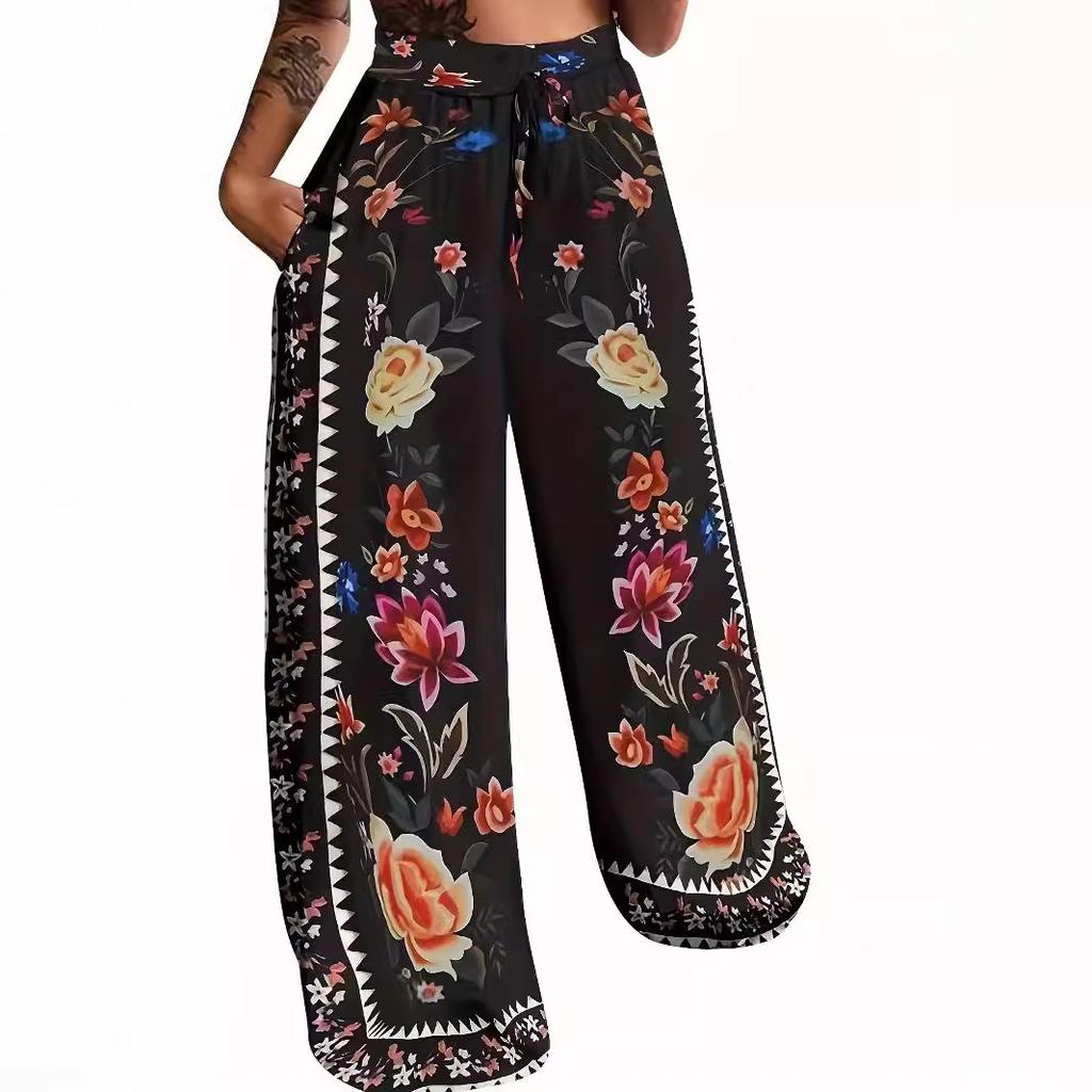 Autumn Fashion Casual Wide Leg Pants with Lace Up Positioning Printed Oversized Women’s Pants & Capris