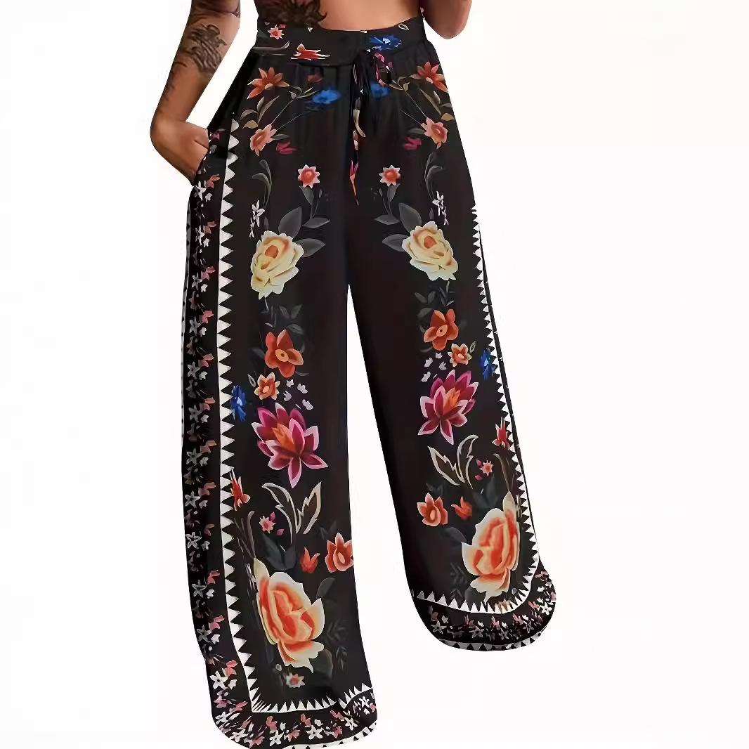 

Autumn Fashion Casual Wide Leg Pants with Lace Up Positioning Printed Oversized Women’s Pants & Capris XL чорний