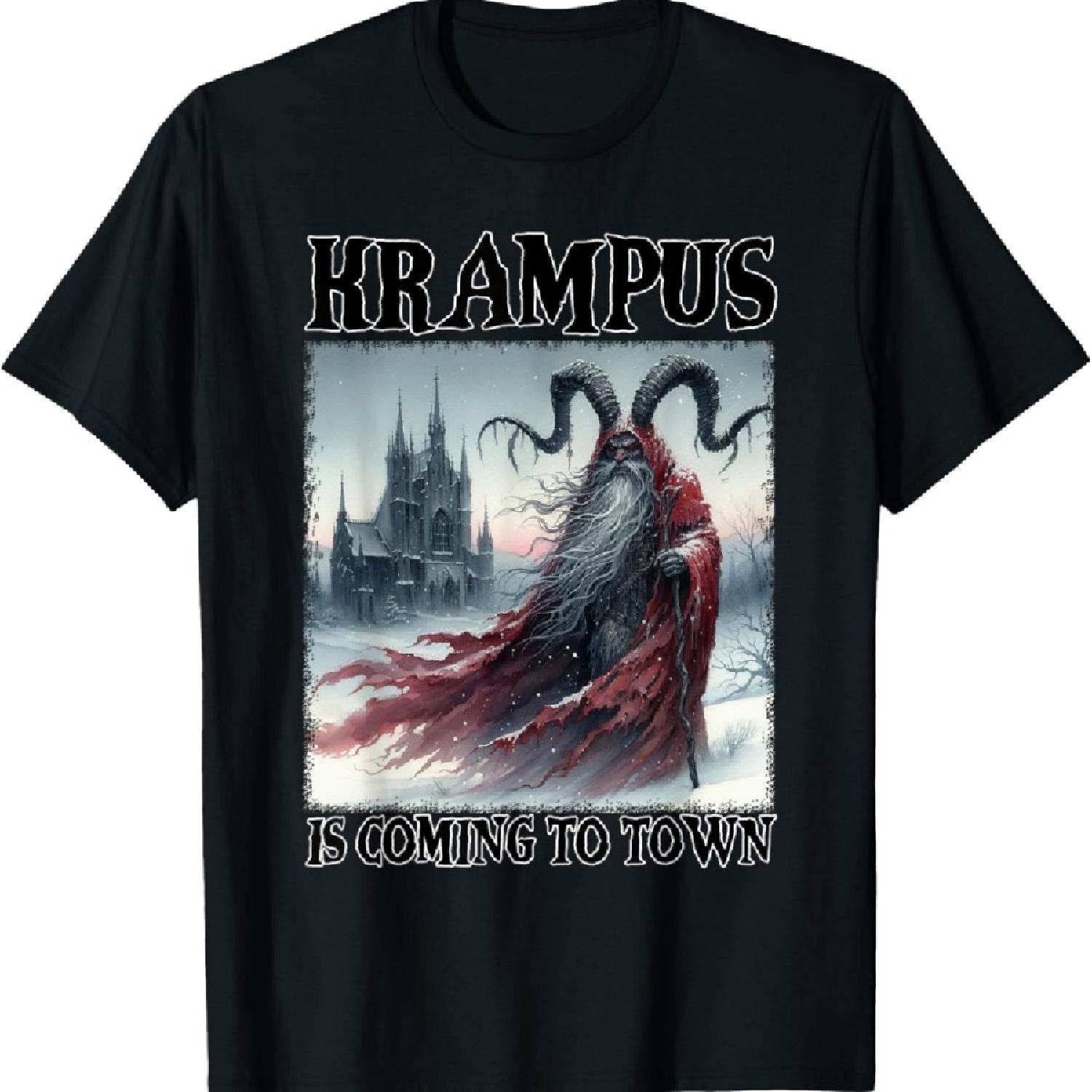 

Крампус идет в город Рождественский ужас Праздничная Рождественская футболка XXXXXL чёрный