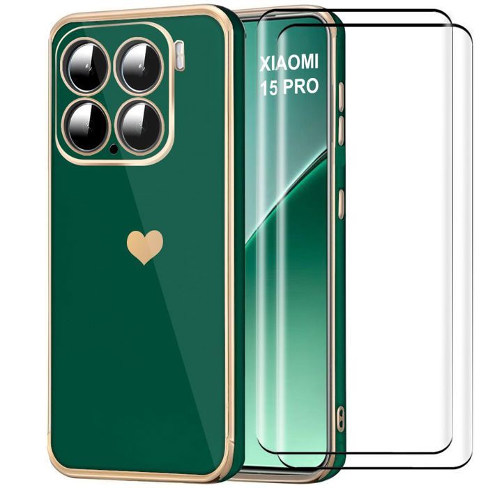 Coque de protection - E.F.CONNECTION - pour Xiaomi 15 Pro - Antichoc - Anti-rayures - Vert nuit avec motif cœur