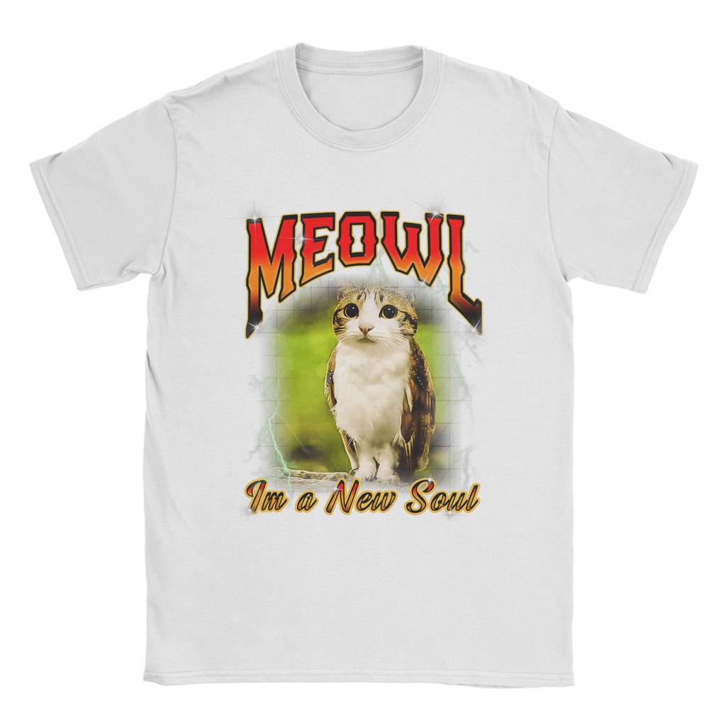 Humor Cat Owl Funny Cursed Internet Brainrot Bootleg Meowl TShirts Men 100 Cotton T Shirts Short Sleeve Plus Size Clothing
