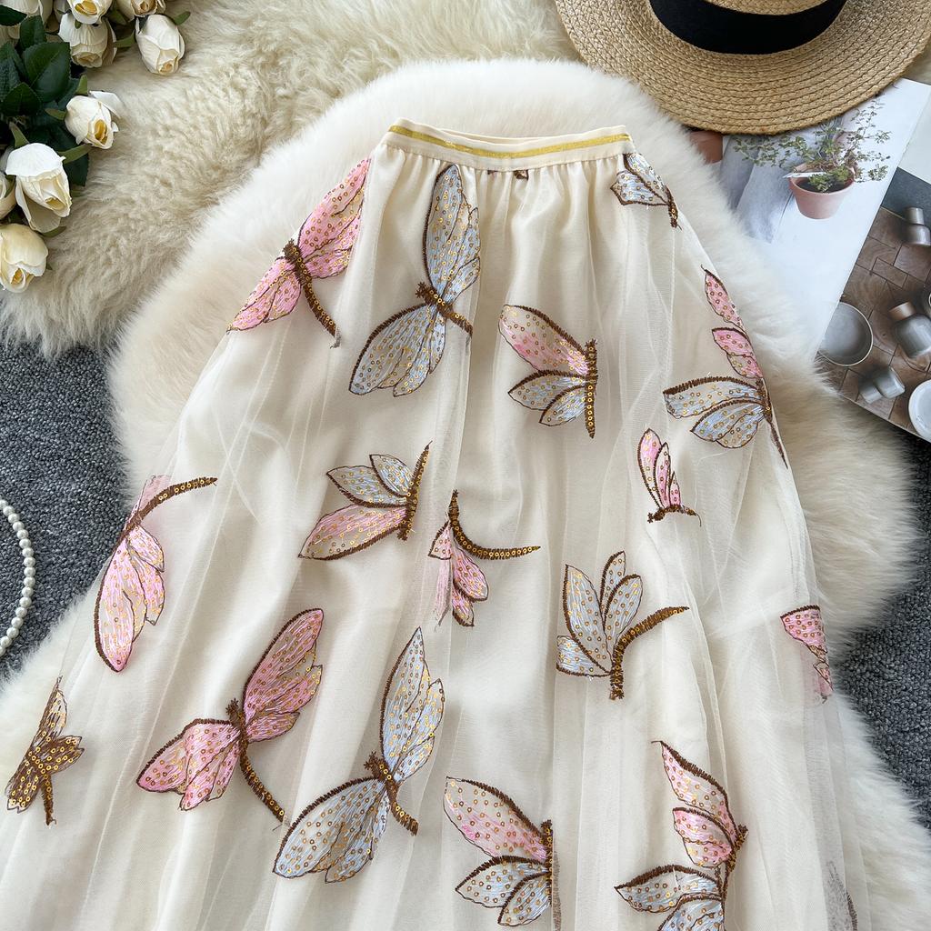 Letní dámská flitrovaná vyšívaná síťovaná sukně s vážkami