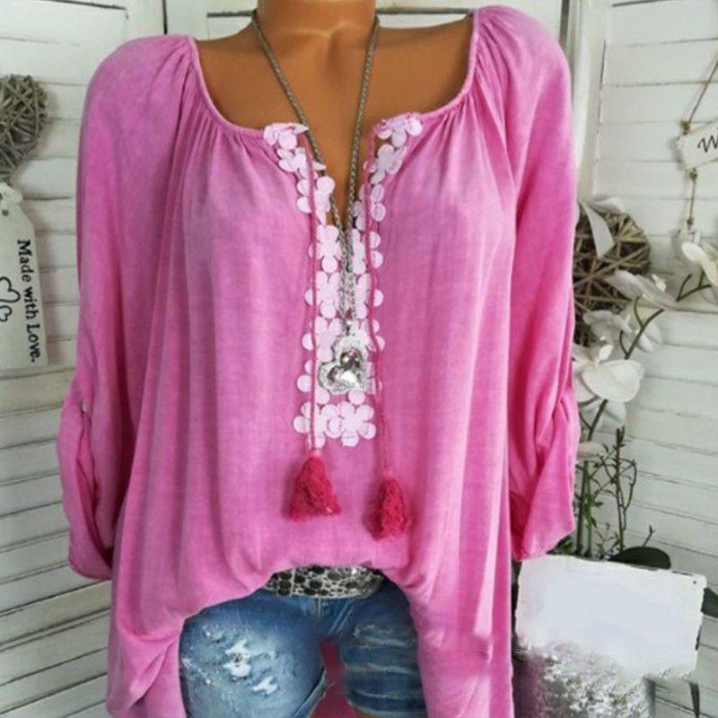 Elegant Plus Size Women Boho Long Sleeve Blouse Baggy Tops With V Neck Design