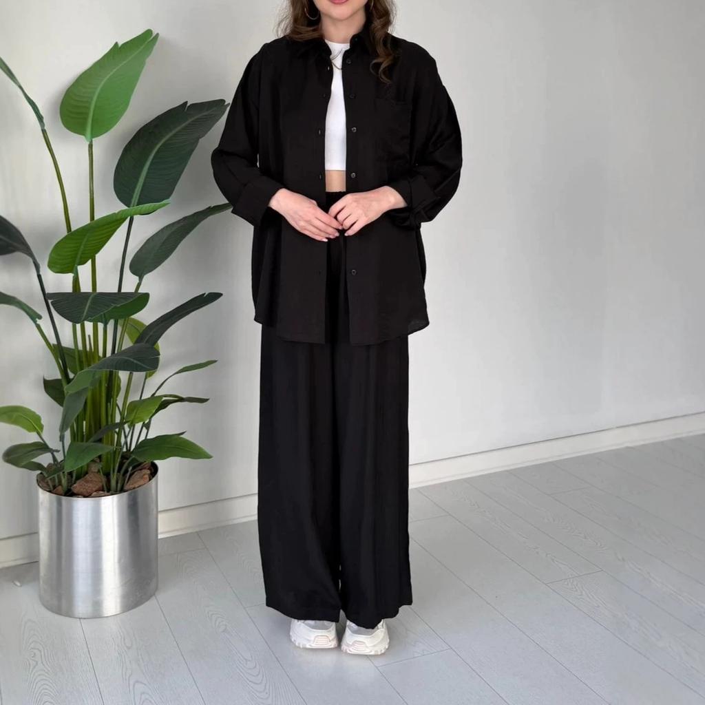 European and American women's clothing new daily casual style long-sleeved button-up shirt drawstring wide-leg pants set