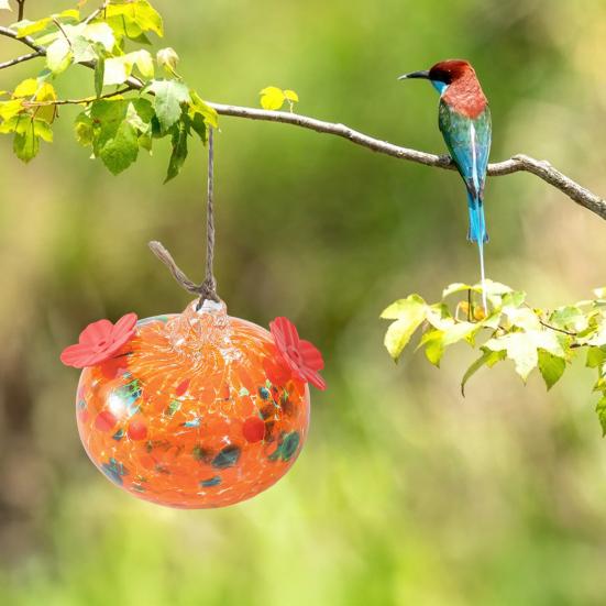 Stained Glass Hummingbird Feeder Droplet Shaped Hanging Birds Feeder Hummingbird Feeder with 2 Flower Feeding Ports for Outside Garden Courtyard