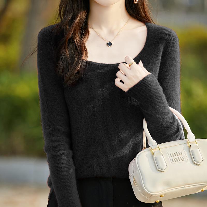 Slim Fit U-Neck Cashmere Sweater: Women's Elegant Spring/Autumn Knitwear Pullover