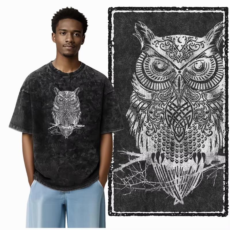 DH OWL Printed 100% Cotton Acid Washed Exclusive Graphic Unisex T Shirt Cool Vintage Streetwear Men Tshirts Big Size Tee for Men