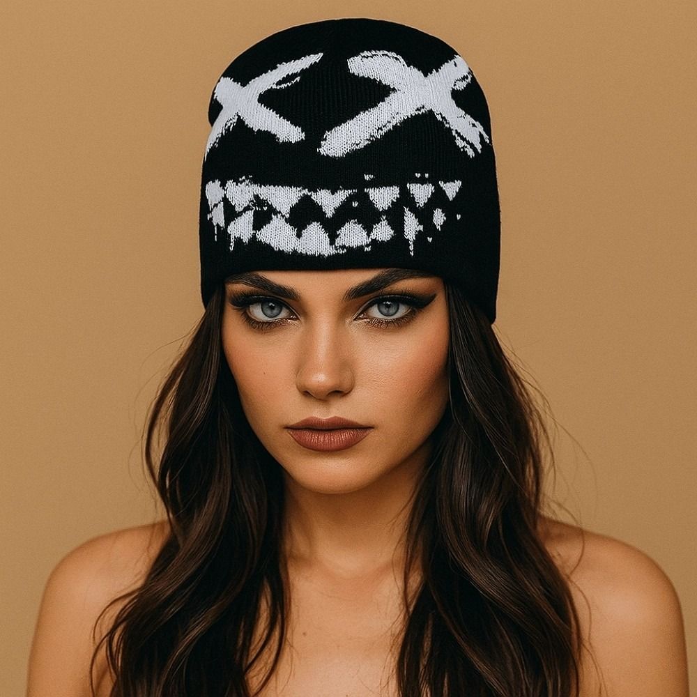 Halloween Y2K Knitted Hat Streetwear Black White Pullover Cap Jacquard Woolen Hat  Outdoor